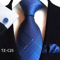 Classic Plaid Navy Blue Luxury Polyester Mens Tie Fashion Necktie Chain Hanky Cufflink Set Gift for Men Wedding