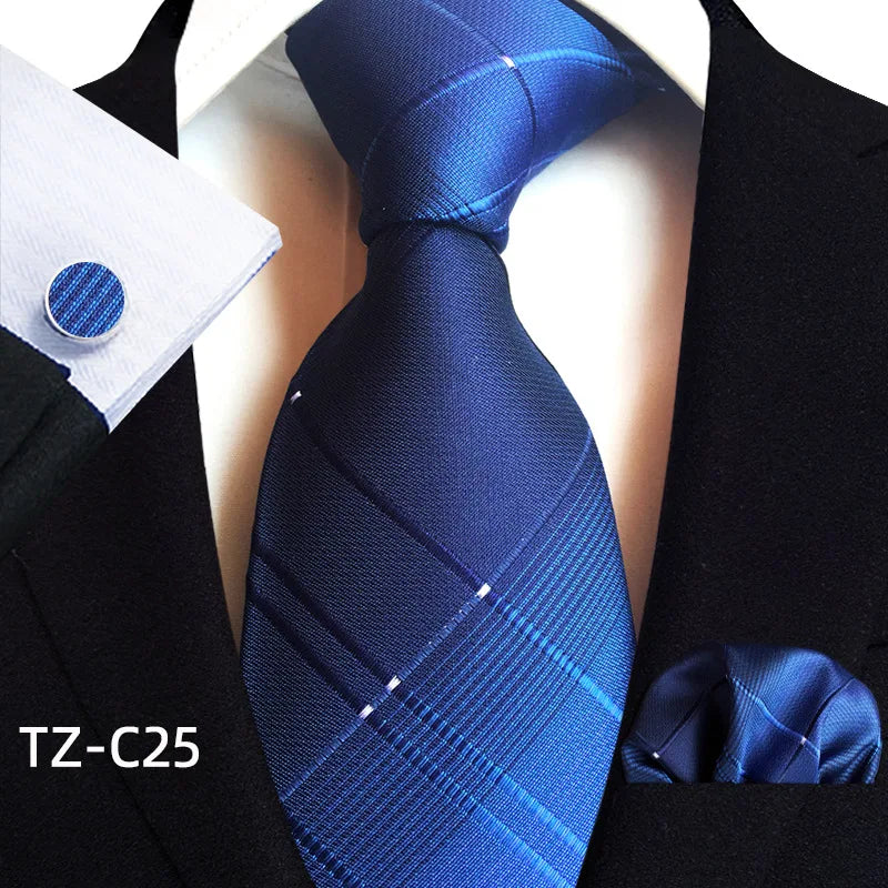 Classic Plaid Navy Blue Luxury Polyester Mens Tie Fashion Necktie Chain Hanky Cufflink Set Gift for Men Wedding