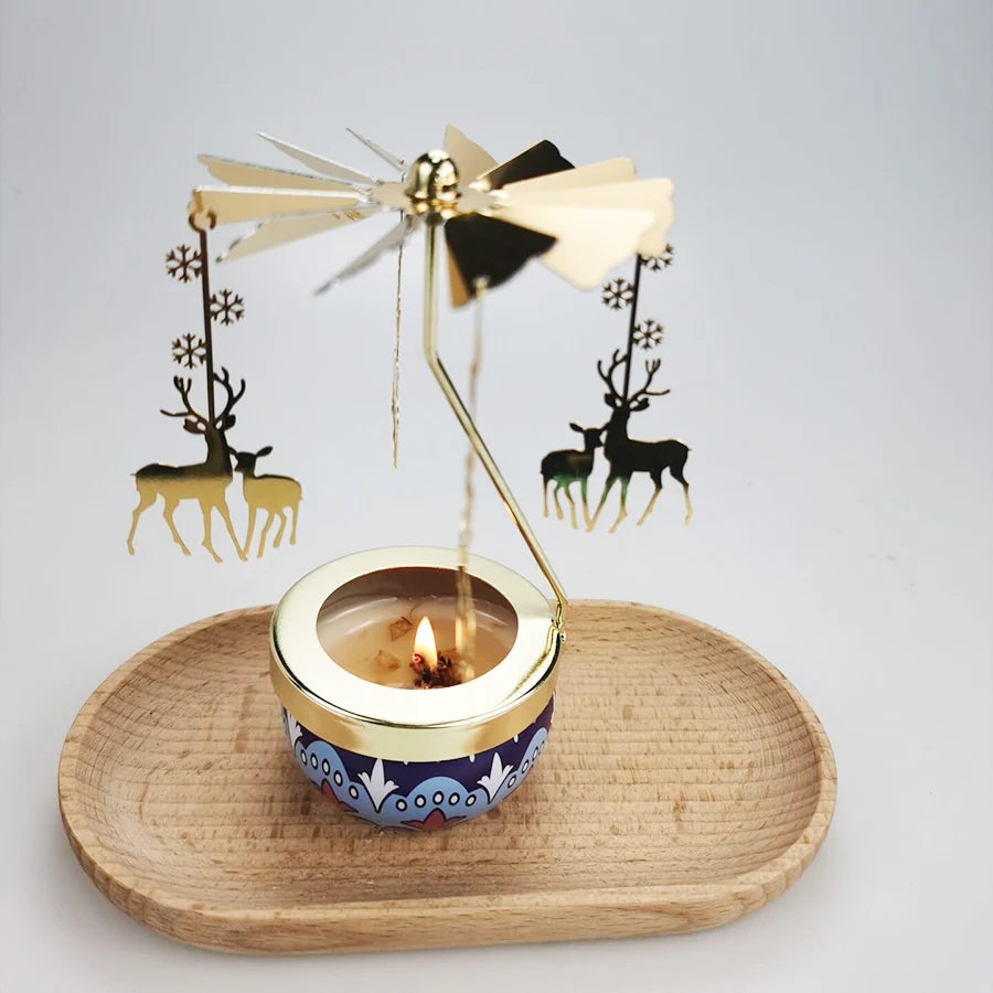 Christmas Home Decoration Gold Round Tray Revolving Candlesticks Spinning Candle Holder for Table