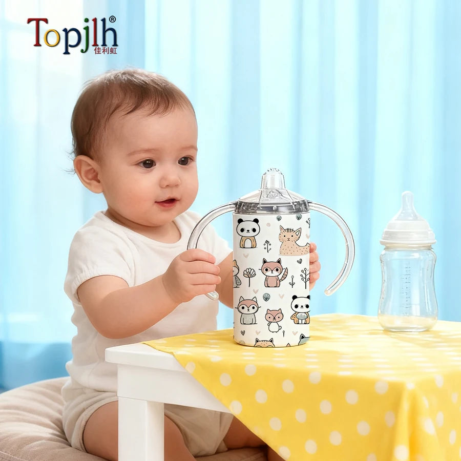 Topjlh Sublimation Blanks 12oz Stainless Steel Tumbler Kids Sippy Water Bottle with Lid Straw for Hot Cold Beverages