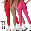 YK Solid Color Back Pockets Tummy Women Butt Lifting Leggings Control Workout Athletic Running Yoga Flare Leggings