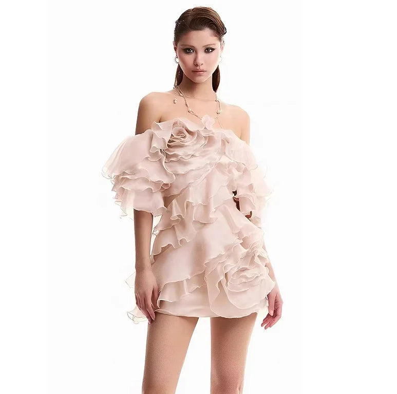 A10726 Migugarment Elegant Ruffle Party Dress 3D Floral Embellishments Off-the Shoulder Backless Sleeveless Mini Dress Summer