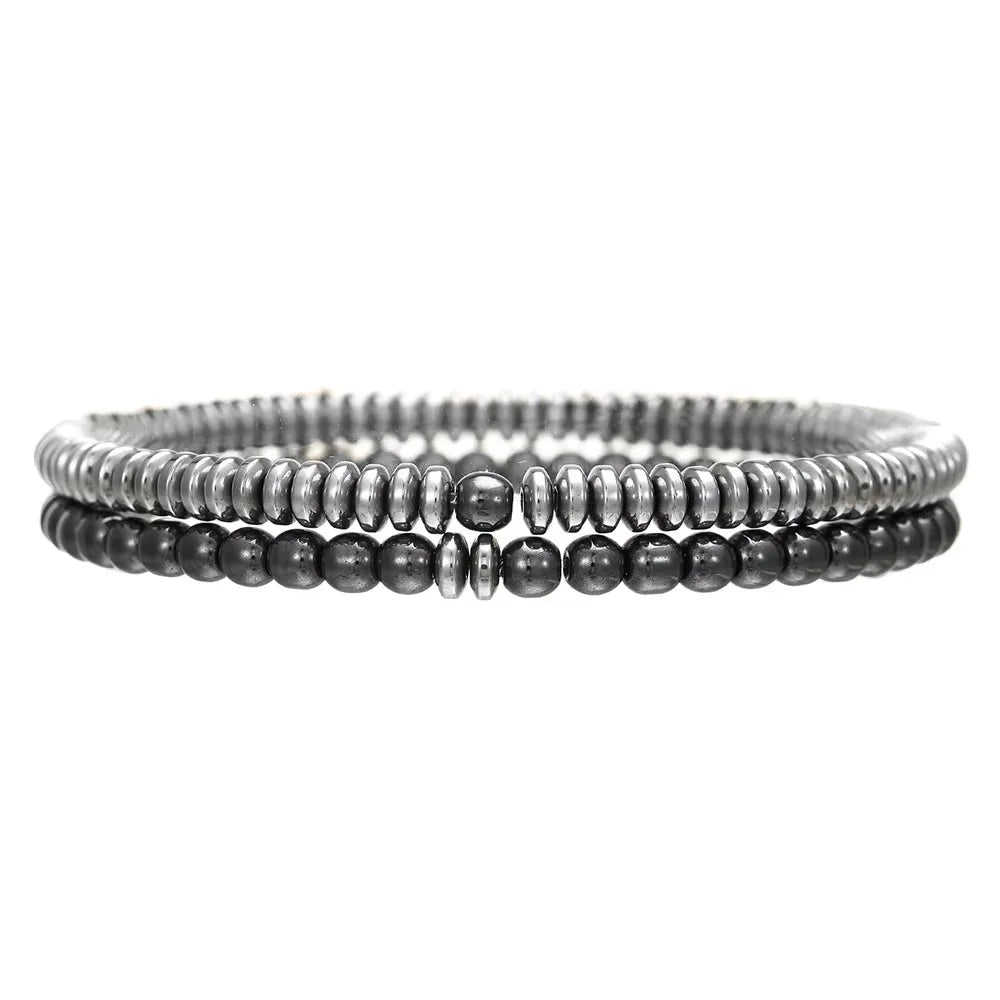 Men's Black Chalcedony Beaded Bracelet Set Geometric Cross Stacked Hip-Hop Style Made of Zinc Alloy