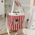 Cartoon Puppy Women's Stripe Bucket Bag Cute Canvas Female Shoulder Crossbody Bags Daily Handheld Bento Bag Girls Purse Handbag