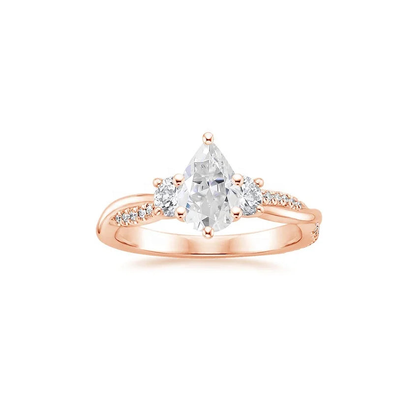 Fashion Solid 14K Rose Gold Jewelry Peal Cut 5*8mm 1.0ct D Color Moissanite Three Stone Twisted Cross Diamond Ring Engagement