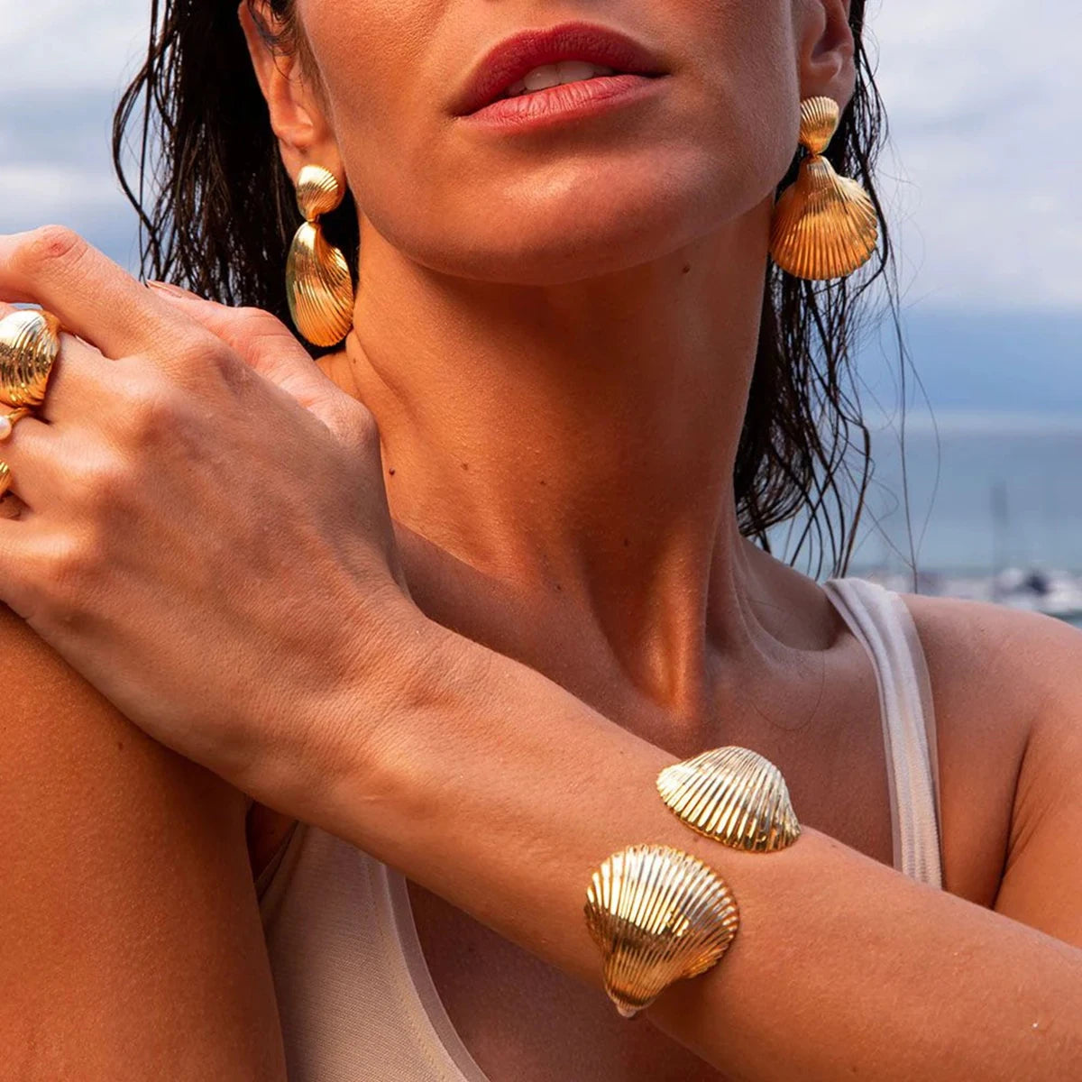 J&D Jewelry Shell Starfish Coral Geometric Bangle and Earring Rings 18K PVD Stainless Steel Plated Jewelry Set