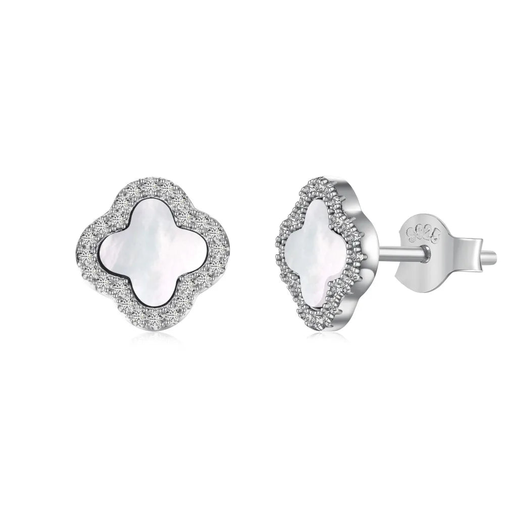Dylam Trending Fine Fashion S925 Silver Four Leaf Clover 5A Zirconia Onyx Turquoise Malachite White Shell Stone Stud Earrings