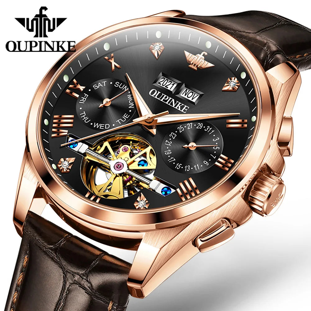 Oupinke 3186 OEM Custom Logo Luxury Genuine Leather Tourbillon Watches Skeleton Waterproof Automatic Mechanical Men Watches