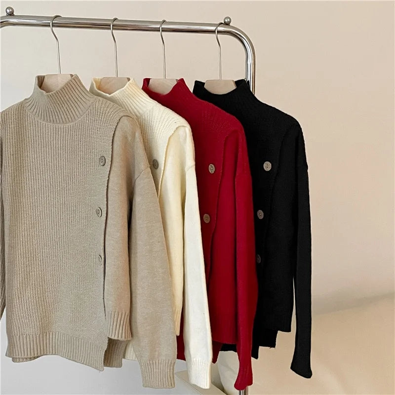 Autumn and Winter New Pullover Sweater Women's Thick High Neck Asymmetric Underlay Knit Loose Top