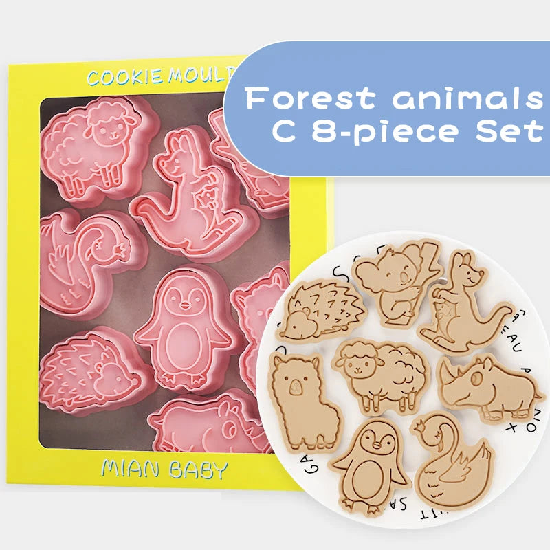 8pcs Forest Animal 3D Stereo Sugar Turning Biscuit Mold Alpaca Penguin Plastic Cookie Press Bread Baking Jelly Packaged Bag