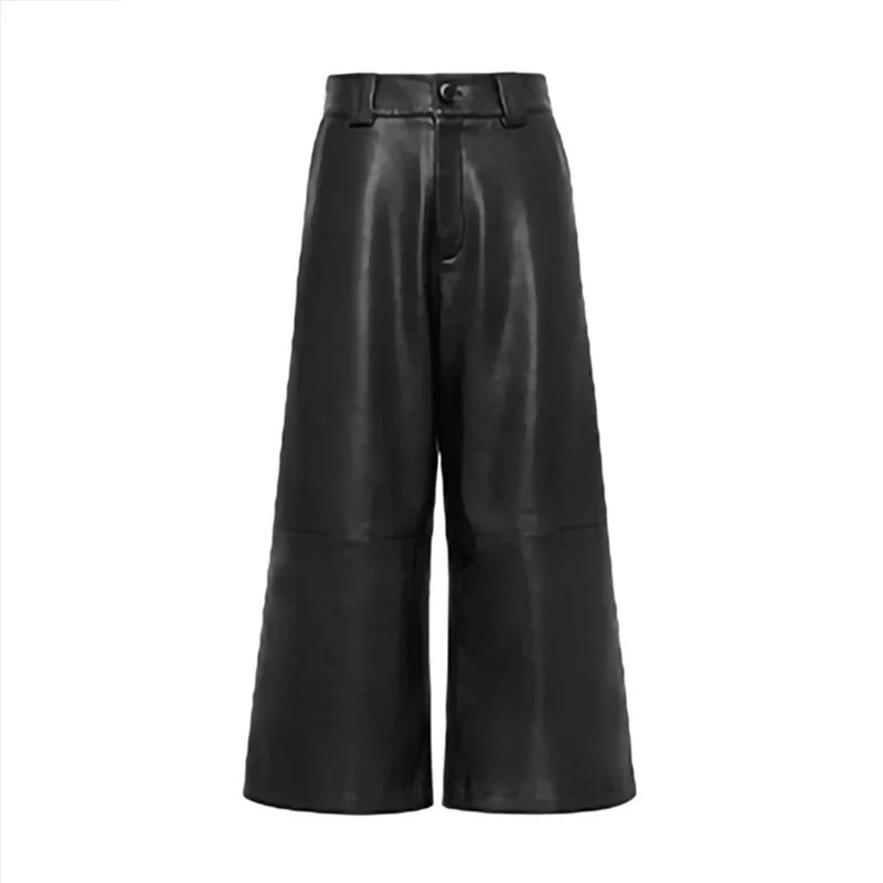New Arrival Calf Length Wide Leg Leather High Waist Pants Black Genuine Sheepskin Leather Pants Women