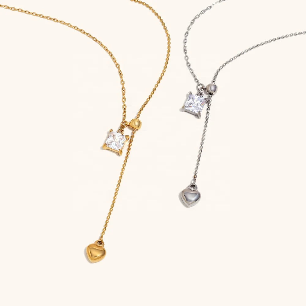 Dingran New Arrival Elegant Stainless Steel 18K Gold Plated Zircon Heart Y Shape Tassel Link Chain Necklace for Women Gift