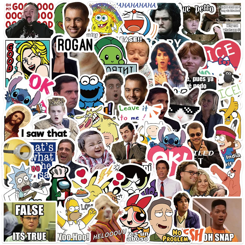 50Pcs Famous TV Cartoon Meme Funny Emoticons Decorative Stickers for Laptop Phone Fun Quote Sticker