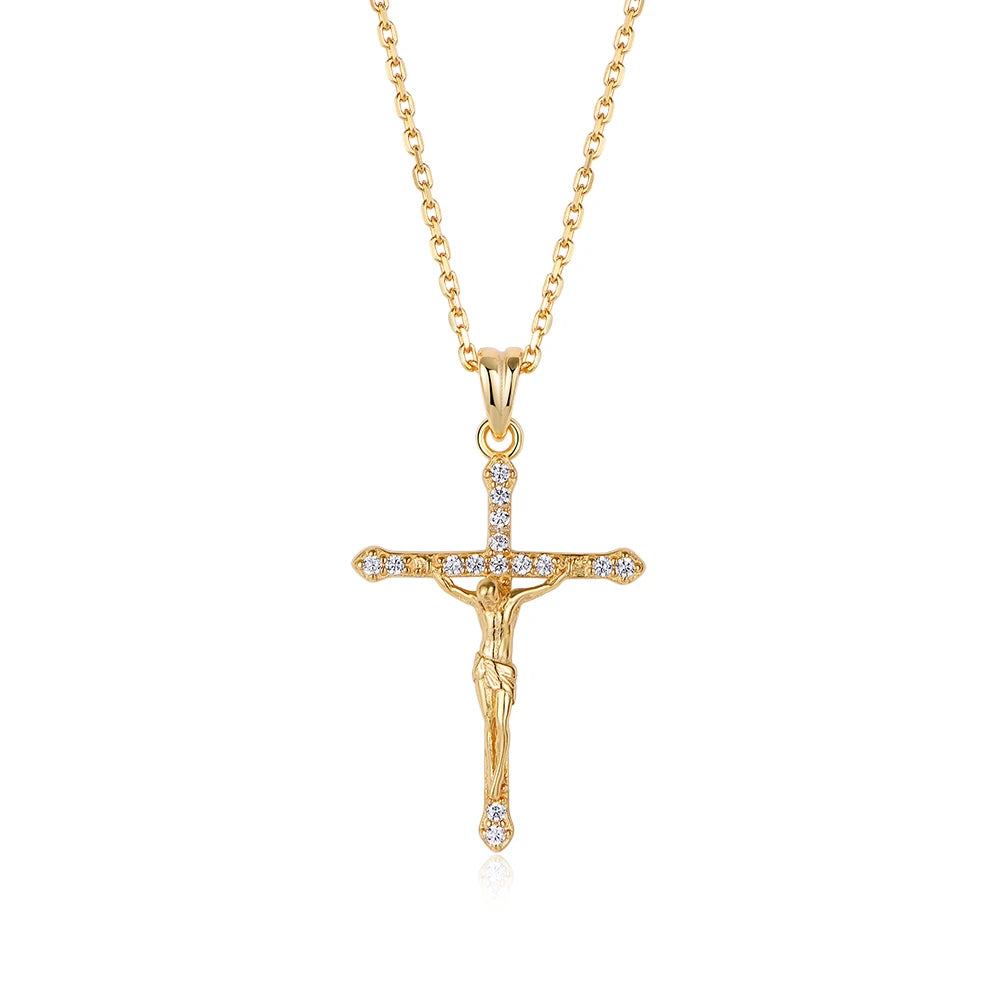 Custom Cross Jesus Zircon Trendy Necklace Fashion Gold Plated 925 Sterling Silver Religious Christian Jewelry Men Crucifix