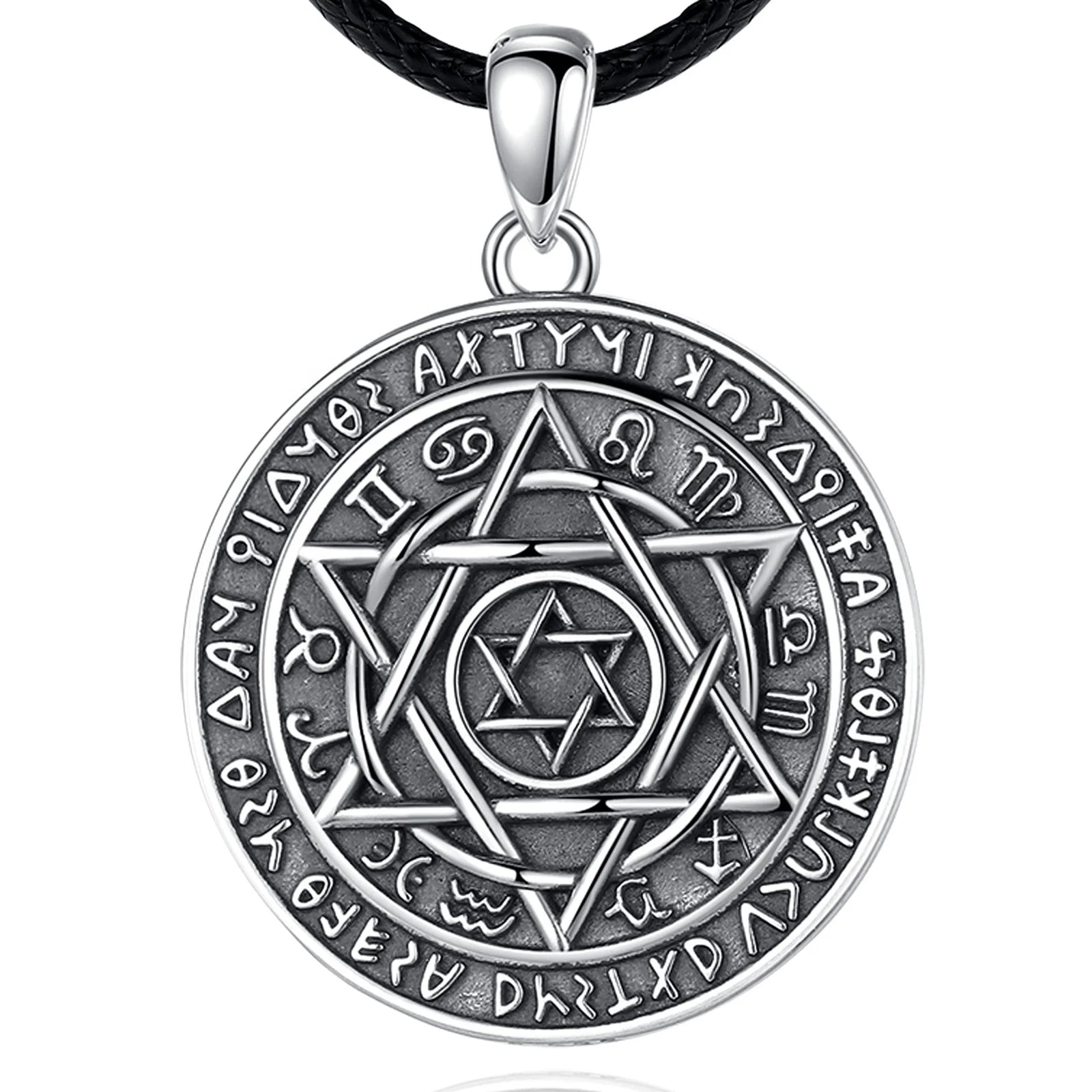 Vintage Embossed Round 925 Sterling Silver Engagement Wedding Gift Party Solomon Talisman Amulet Pendant Necklace for Men