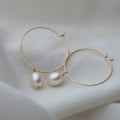 New French Elegant 18K Gold Hoop Natural Freshwater Pearl Drop Earrings