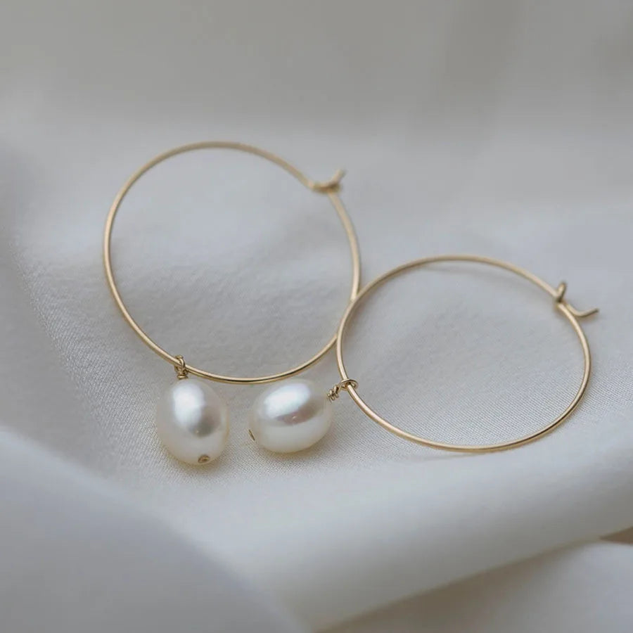New French Elegant 18K Gold Hoop Natural Freshwater Pearl Drop Earrings
