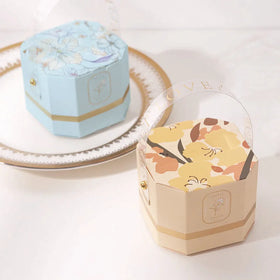 Luxury Recycled Small Pink Blue Octagonal Wedding Box Clear Handle Wedding Chocolate Gift Boxes for Sweet Candy Favors