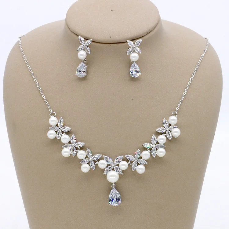 SLBRIDAL Copper Wedding Cubic Zircon Pearls Jewelry Set Bridal CZ Necklace Earring Set Banquet Party Jewelry Set Women Jewelry