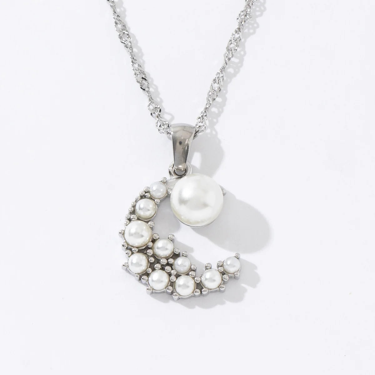 Waterproof  No Tarnish Fading Stainless Steel Silver Plated Women Imitate Pearl Zircon Half Moon Pendant Necklace