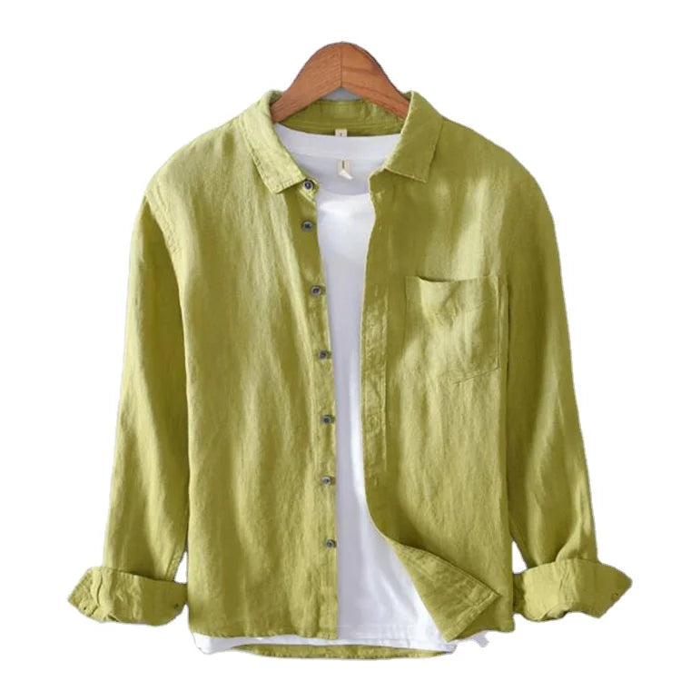 Pure Linen Shirts for Men Long Sleeve Casual Turn-down Collar Basic Classic Tops Male Fashion Solid Color Retro Clothing