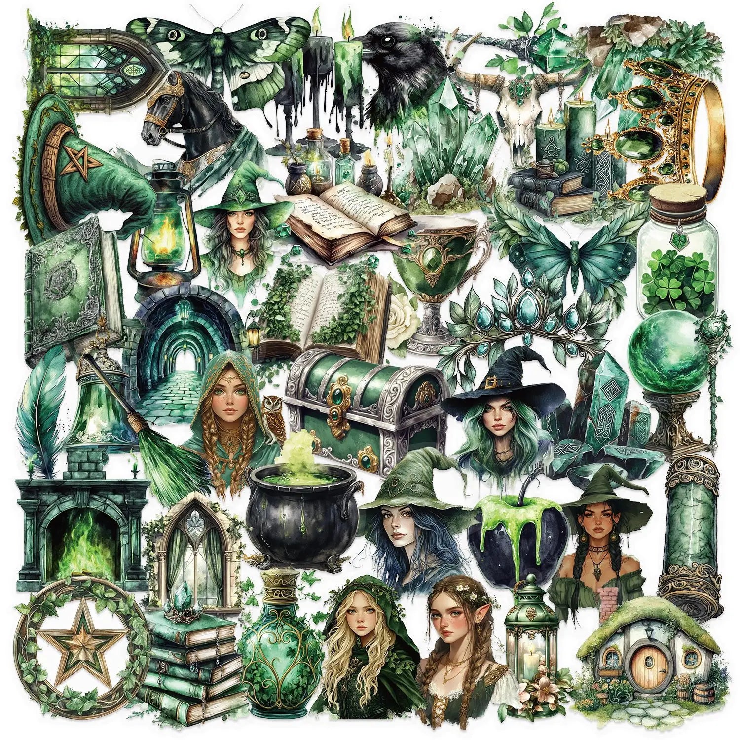 50Pcs Transparent Green Witch Decorative Stickers for Book Laptop Decor PET Material Cartoon Forest Sticker