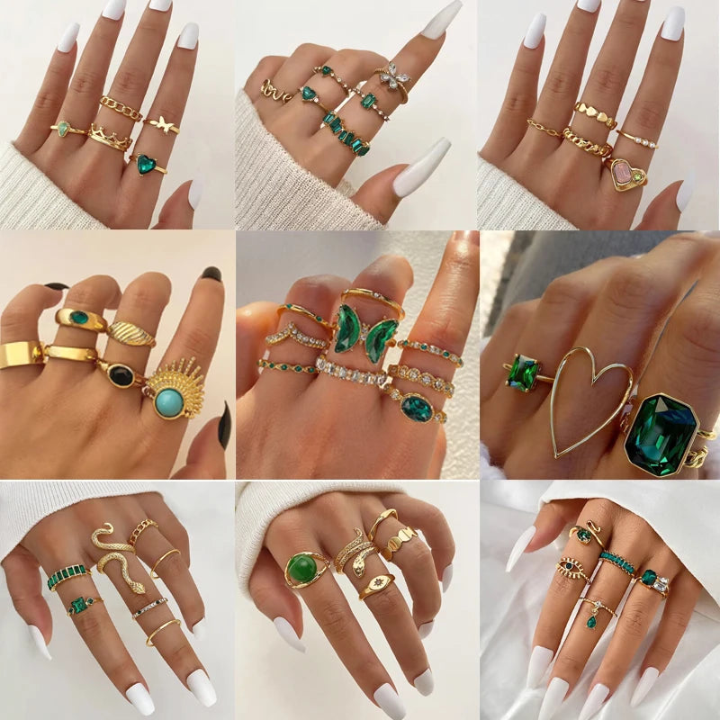 Vintage Design Green Zircon Butterfly Ring Set Heart Ring for Women Jewelry