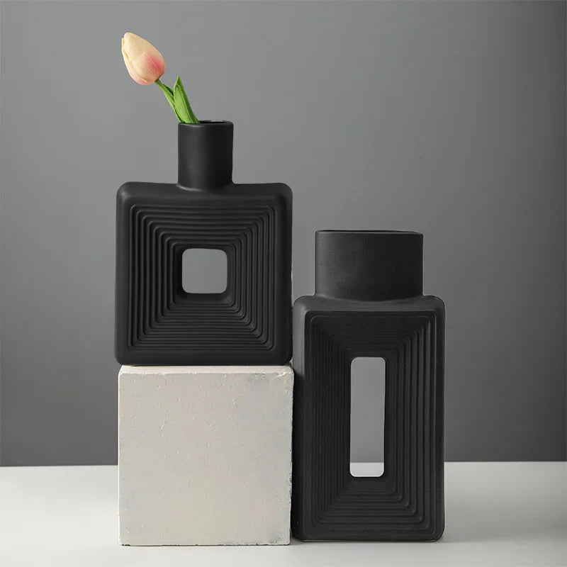 Wholesale Ceramic Black White Vases Porcelain Rectangle Square Flower Vase