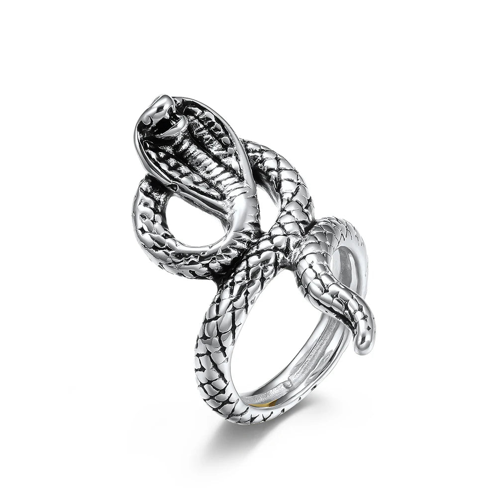 At Stock Trendy Hip Hop18k Gold Plated Snake Punk Retro Silver king Cobra Stainless Steel Signet Ring