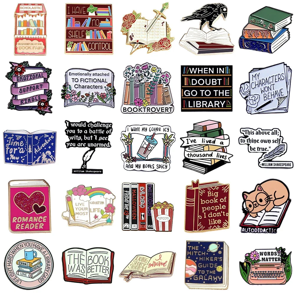Shmik Cute Books Collection Letters Metal Enamel Pins Romantic Reader Club Magic Flowers Library Card Badge Punk Brooch