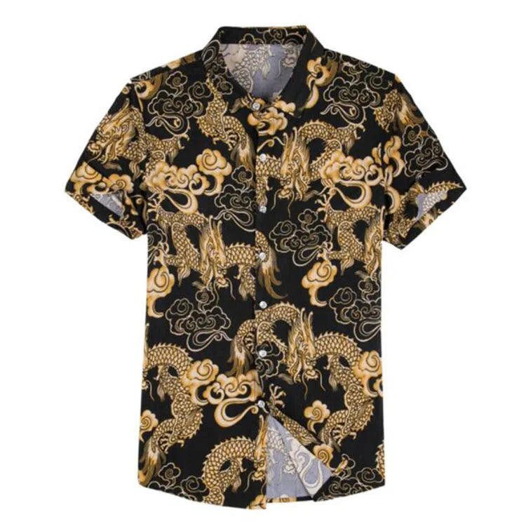 Chinese Cardigan Style Black White Print Dragon With Silk Men Short Sleeves Hawaiian Shirts for Summer Oversize Clothes