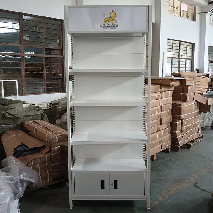 Four Post Display Rack With Light Box and Cabinet Customized Shelves