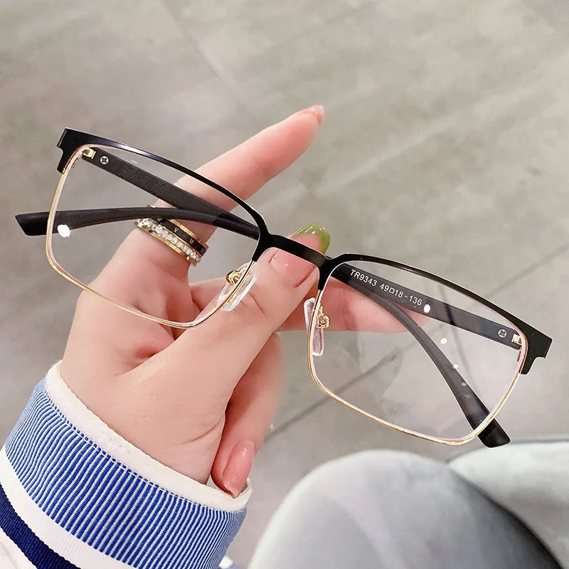 UNOC Rectangle Metal Ultralight Optical Frame with Anti-Reflective Blue Light Blocking Lenses Gold Color for Business Men Women