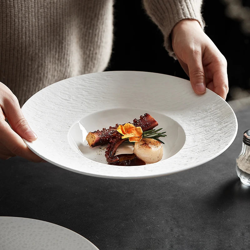 Nordic Color Glaze Ceramic Simple Creative Eco-Friendly Dish Pasta Salad Deep Soup Western Straw Hat Plate