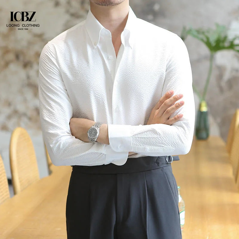 Premium Sense Peacock Long-sleeved Shirt Men's Formal Mandarin Collar Temperament Slim Wrinkle-resistant Striped Velour