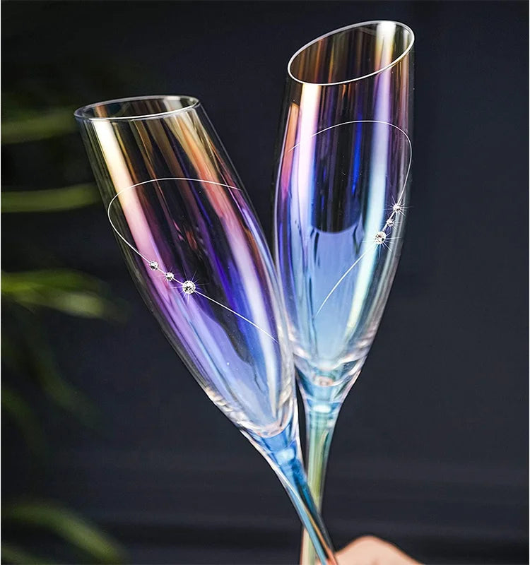 Hand Craft Iridescent Crystal Long Stem Slant Glass Toasting Sparkling Champagne Flutes with Diamond Design for Wedding Gifts