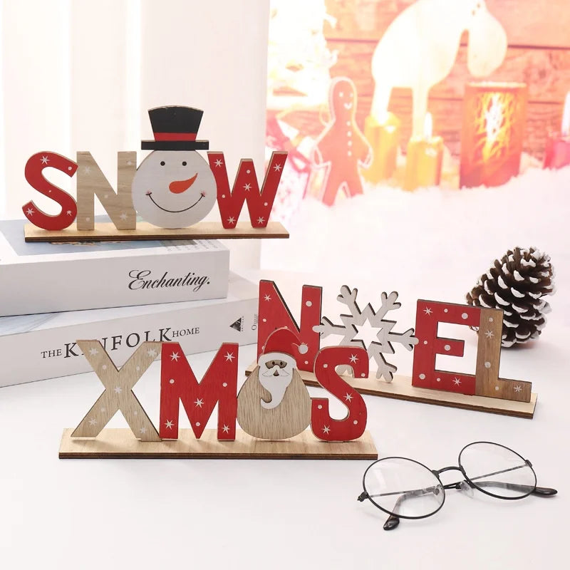 2025 Christmas Decor Happy New Year Wooden Ornaments Printed Letter DIY Table Ornaments Snow Noel for Xmas Decoration