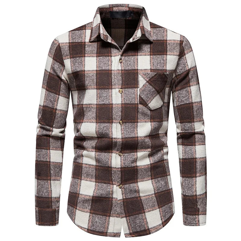2025 Spring New Men's Flannel Plaid Shirt Casual Lapel European and American Fashion Design