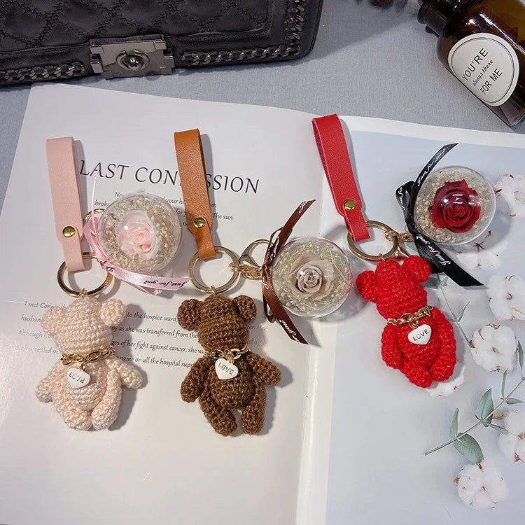 Handmade Knitting Gloomy Bear Keychain Women Luxury Natural Flower Key Chain Lanyard Bag Charms Couple Gift