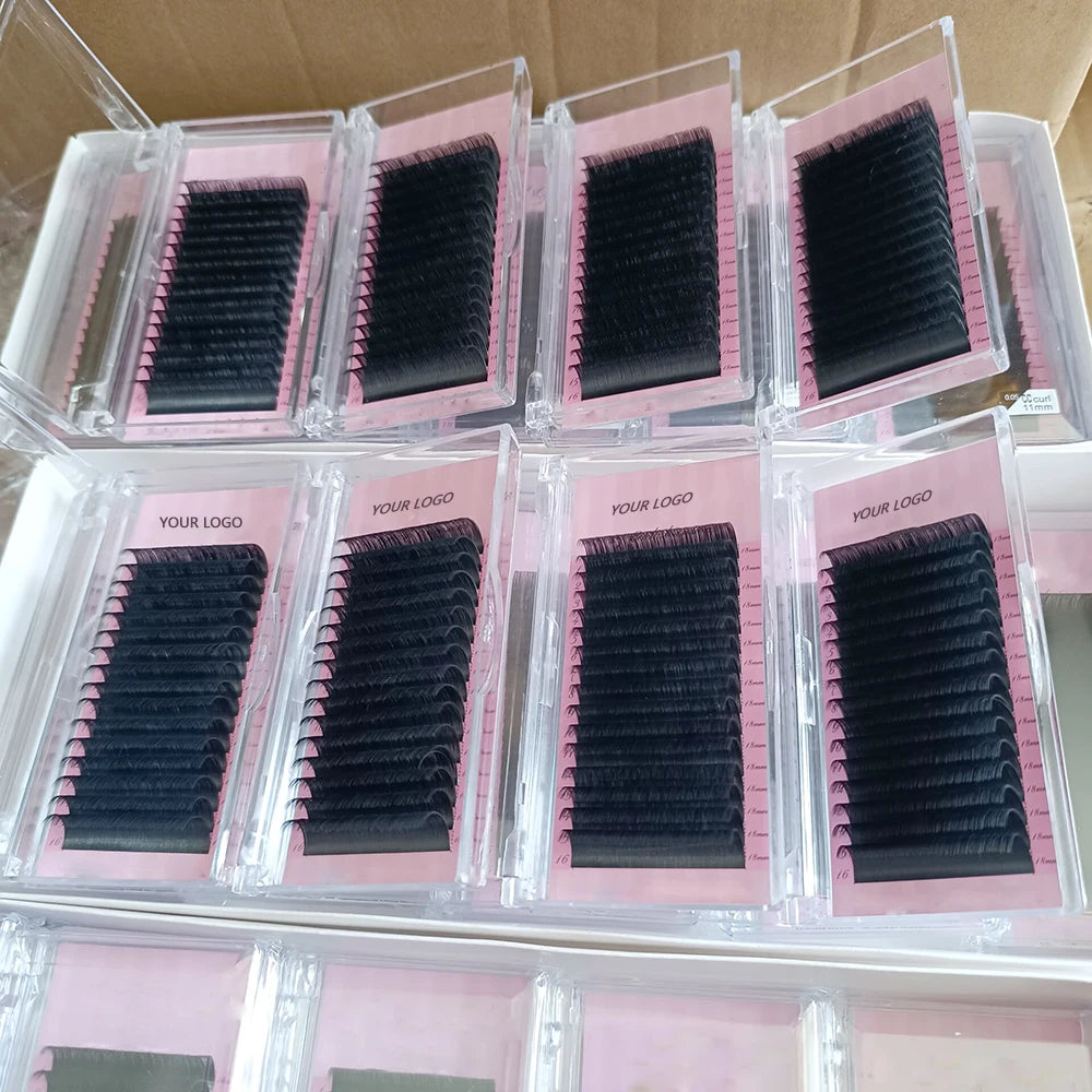 Custom logo Individual Eyelash Extension Lashes Matte Black Soft Velvet Fluffy Easy Fan Cashmere Eye Lash Extension Lash Tray