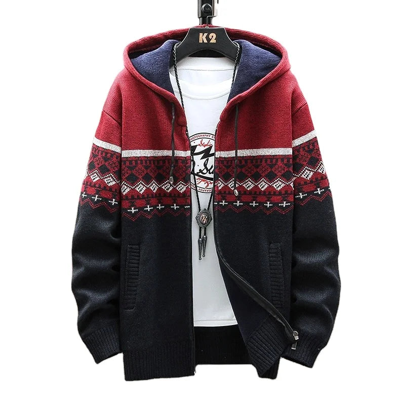 Men Casual Coat Hooded Cardigan Knitting Thickness Fleece Lining Sweater Men's Sweater Coats
