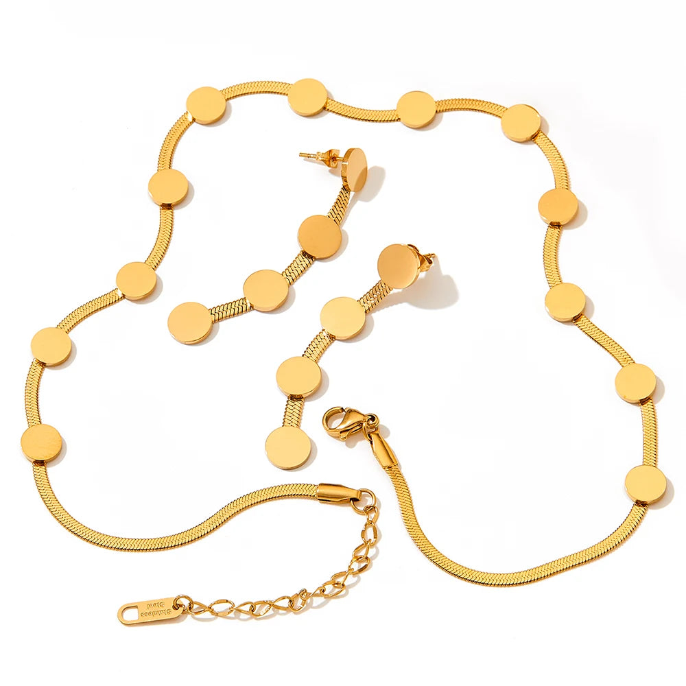 18k Stainless Steel Gold Plated Jewelry Snake Shaped Multi Circle Round Necklace Tassel Earrings Set