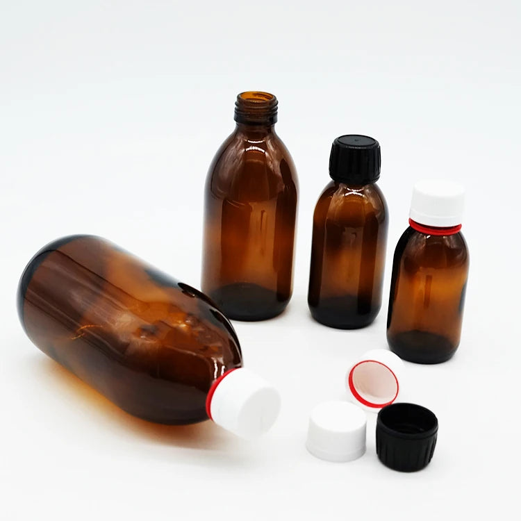 Empty Refill 60ml 125ml 250ml Amber Glass Syrup Bottle with Tamper-proof Cap for Medicine Liquid