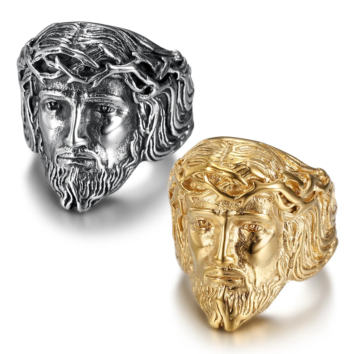 18K Gold Plated Vintage Christian Religious Stainless Steel Jesus Head Ring for Men Fashion Chunky Jewelry Polishing