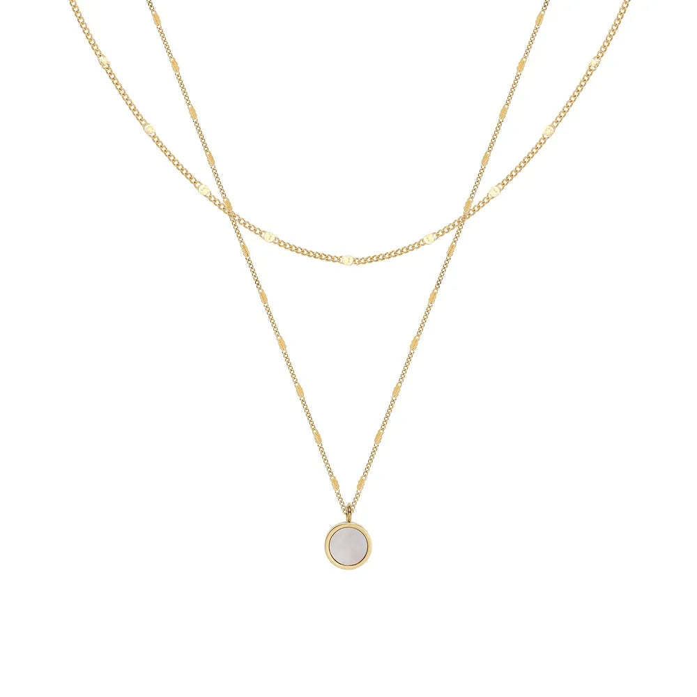 JOOLIM Ready to Ship High End Stainless Steel Double-layer 18k Gold Plated Round Shell Pendant Necklace