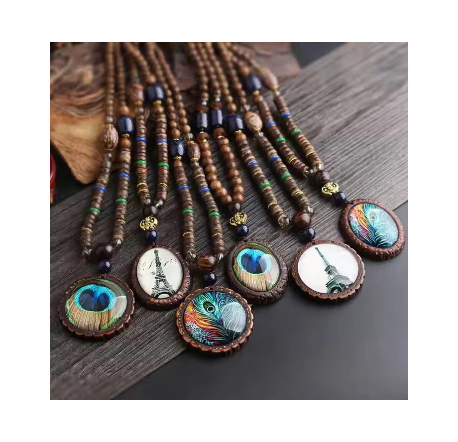 Vintage Long Wood Bead Necklace Bohemian Style Personalized Peacock Feather Pendant Necklaces for Women Men