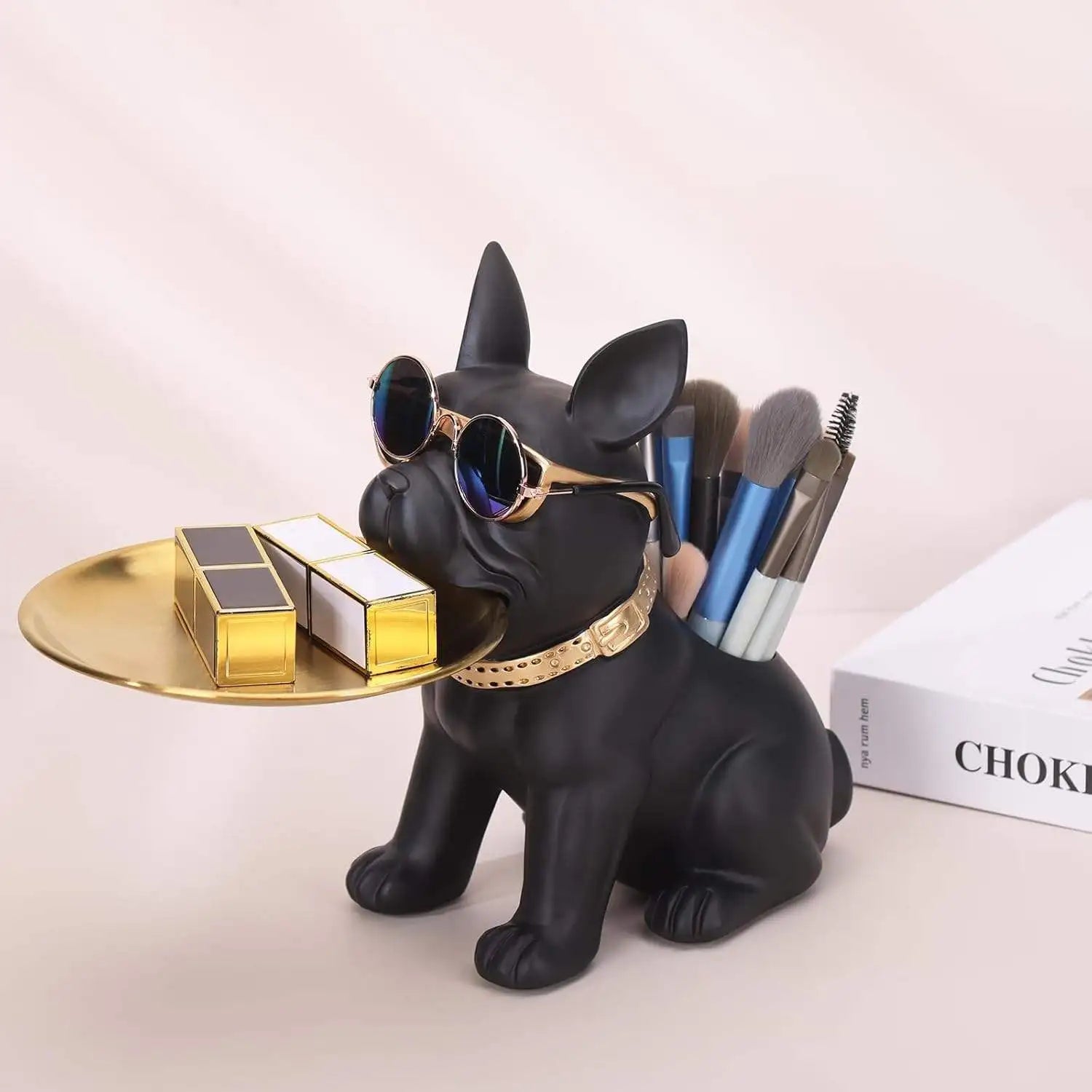 Cute Black French Bulldog Statue Resin Crafts Animal Sculpture Tray for Home Office Entryway Table Storage Key Table Decoration