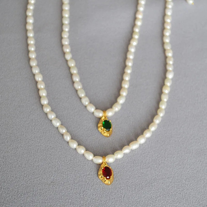 Vintage Natural Pearl Oval Ruby Charm Necklace Freshwater Pearl Necklace With Emerald Charm