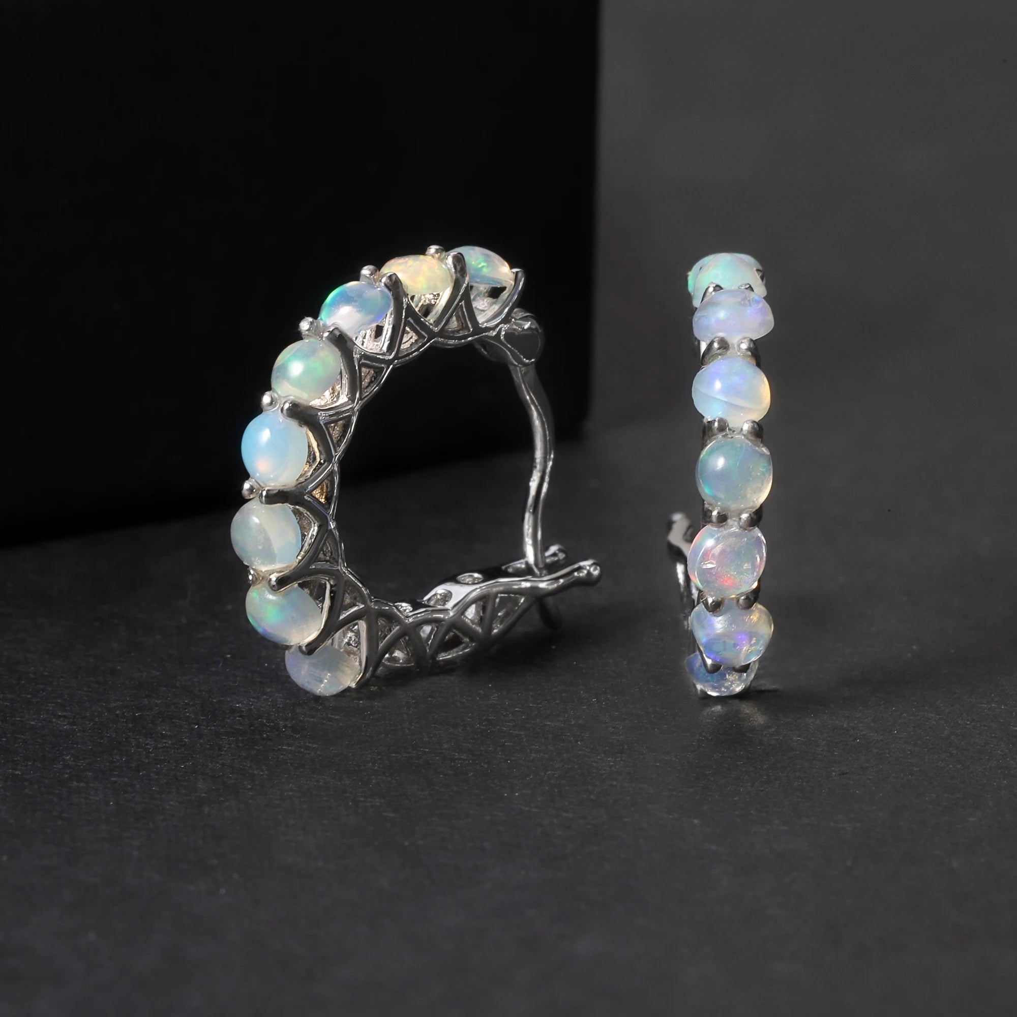 RZ0014 Abiding Fine Jewelry Custom Inside Outside Hoops Ethiopia Opal 925 Sterling Silver Basic Huggie Ladies Hoop Earrings