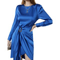 Blue Satin  Long Sleeve Women Party Evening Dress